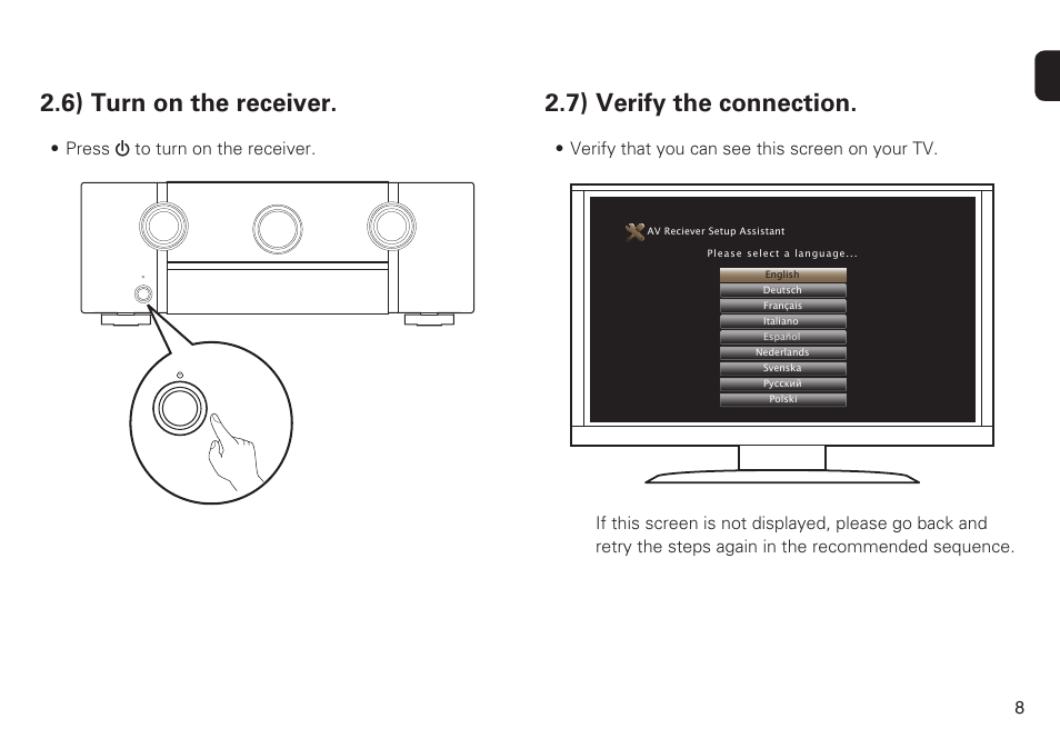 6) turn on the receiver, 7) verify the connection, Press x to turn on the receiver | Verify that you can see this screen on your tv | Marantz SR6009 Quick Start User Manual | Page 9 / 12