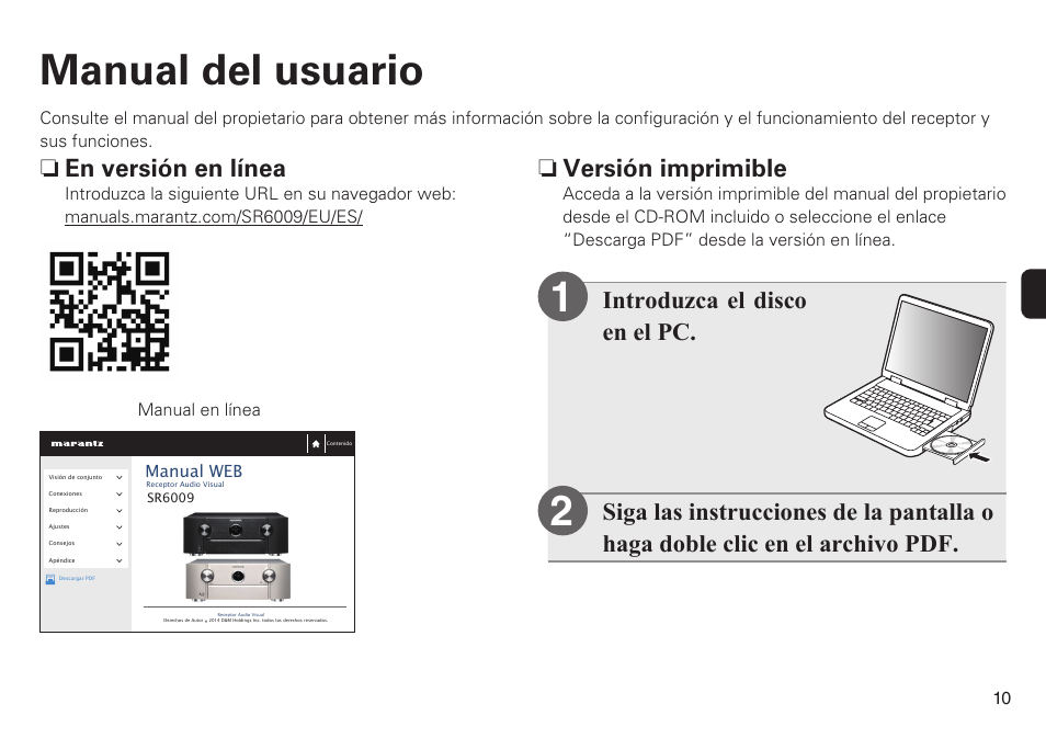 12 manual del usuario, N versión imprimible, N en versión en línea | Marantz SR6009 Quick Start User Manual | Page 11 / 12