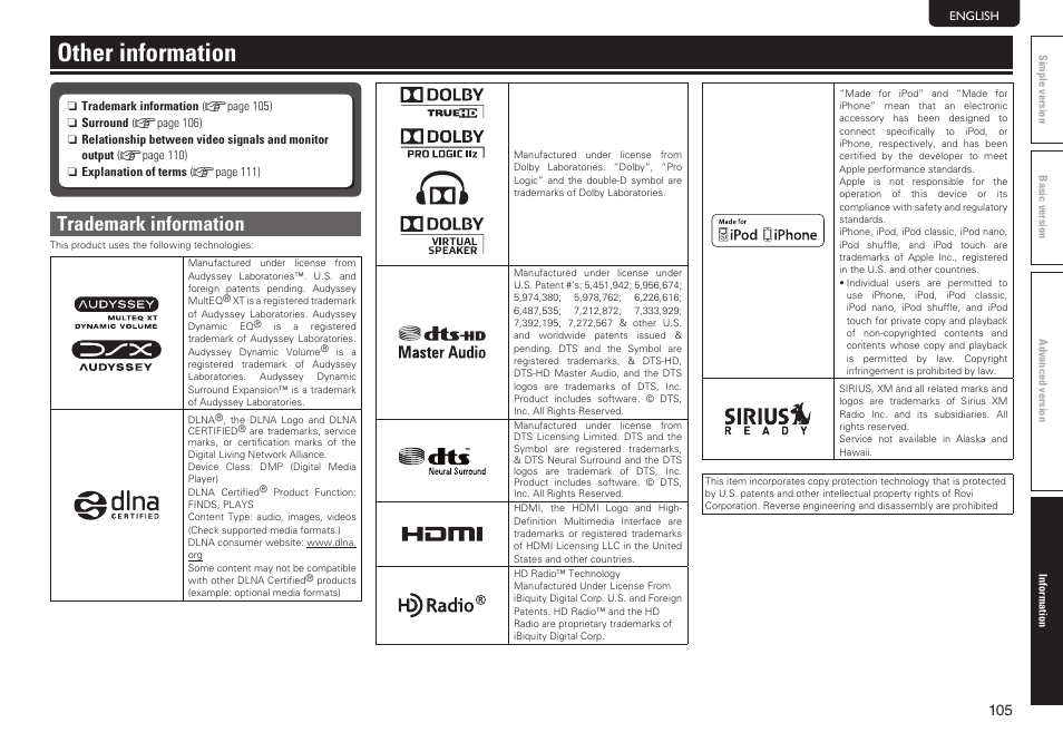 Other information, Trademark information | Marantz SR7005 User Manual | Page 109 / 128