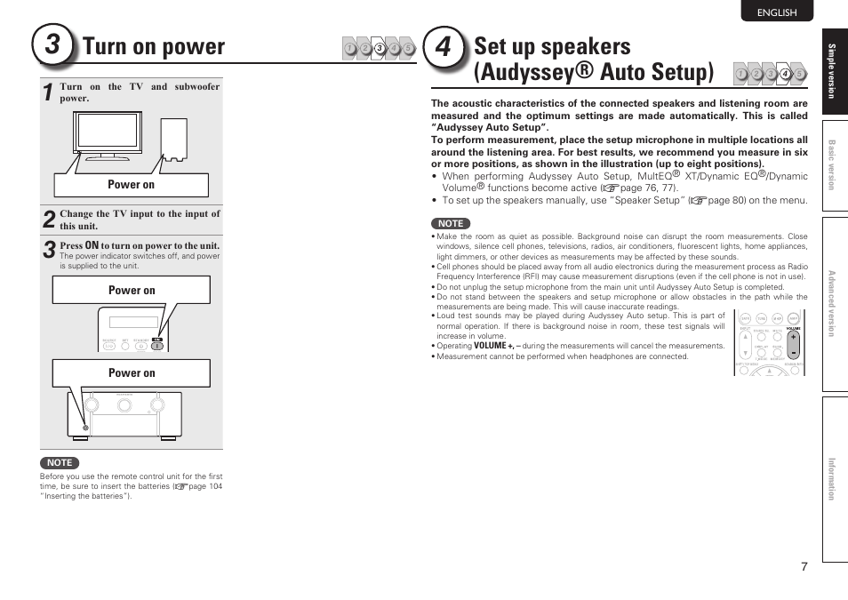 Turn on power, Set up speakers (audyssey® auto setup) | Marantz SR7005 User Manual | Page 11 / 128