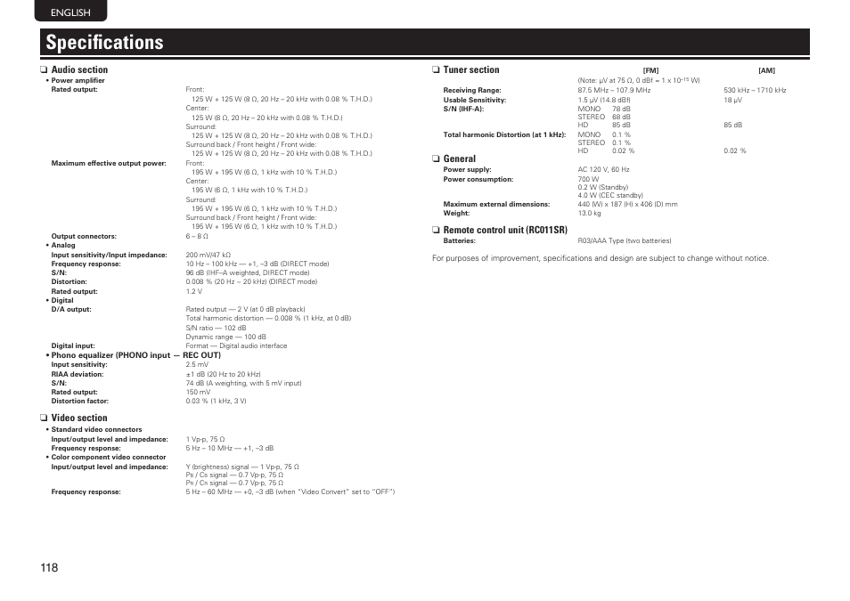Specifications | Marantz SR7005 User Manual | Page 122 / 128