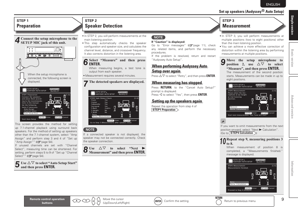 Preparation, Speaker detection, Measurement | When performing audyssey auto setup over again, When measuring has stopped, Setting up the speakers again | Marantz SR7005 User Manual | Page 13 / 128