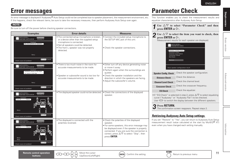 Parameter check, Error messages, Retrieving audyssey auto setup settings | Marantz SR7005 User Manual | Page 15 / 128