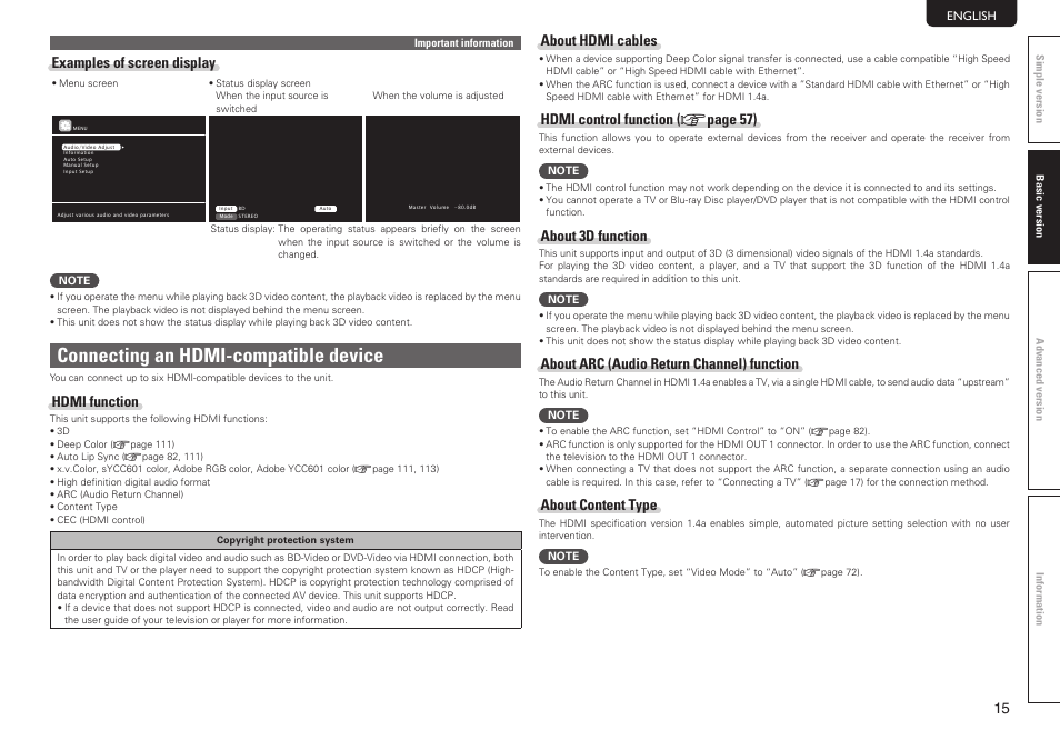 Connecting an hdmi-compatible device, Examples of screen display, Hdmi function | About hdmi cables, Hdmi control function ( v page 57), About 3d function, About arc (audio return channel) function, About content type | Marantz SR7005 User Manual | Page 19 / 128