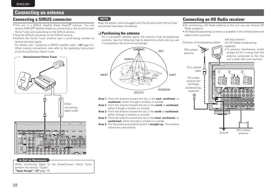 Connecting an antenna, Connecting a sirius connector, Connecting an hd radio receiver | Marantz SR7005 User Manual | Page 26 / 128