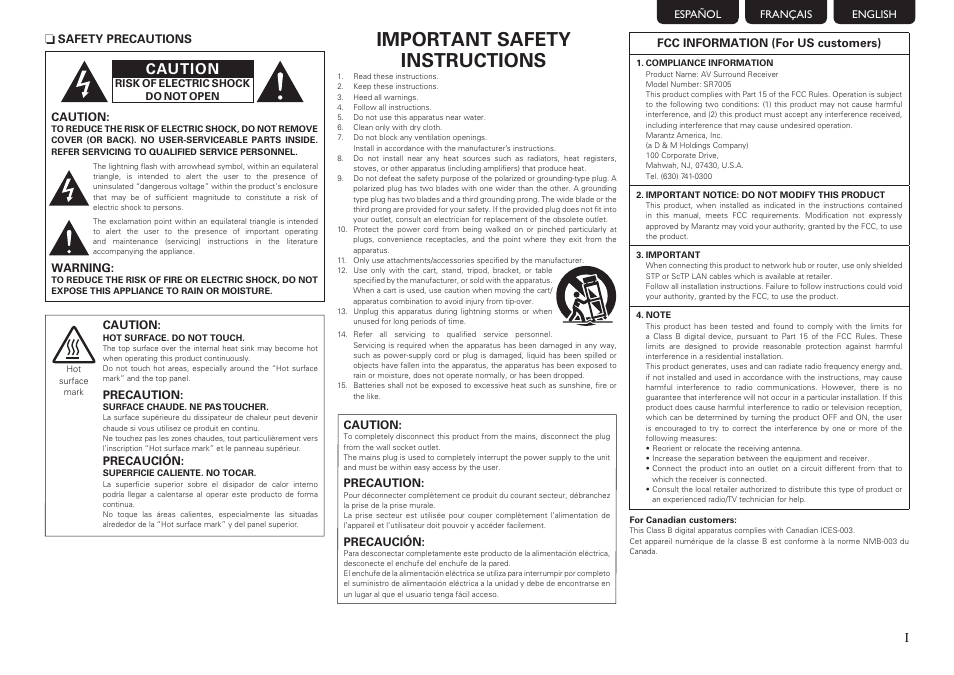 Important safety instructions, Caution | Marantz SR7005 User Manual | Page 3 / 128