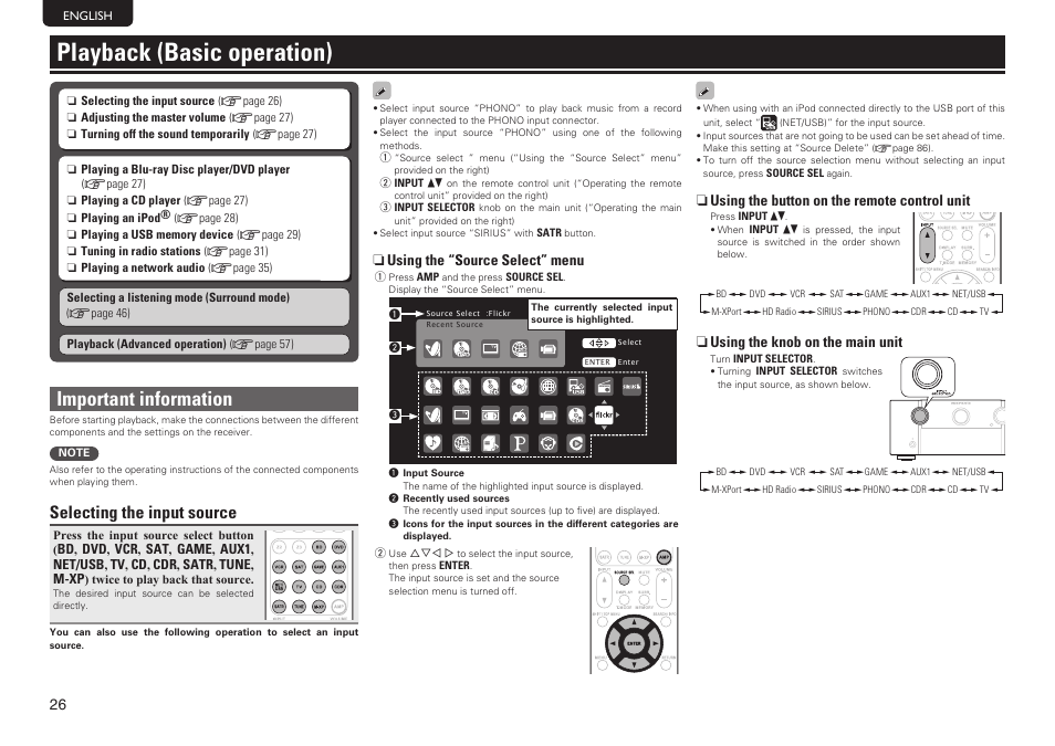 Playback (basic operation), Important information, Selecting the input source | Marantz SR7005 User Manual | Page 30 / 128