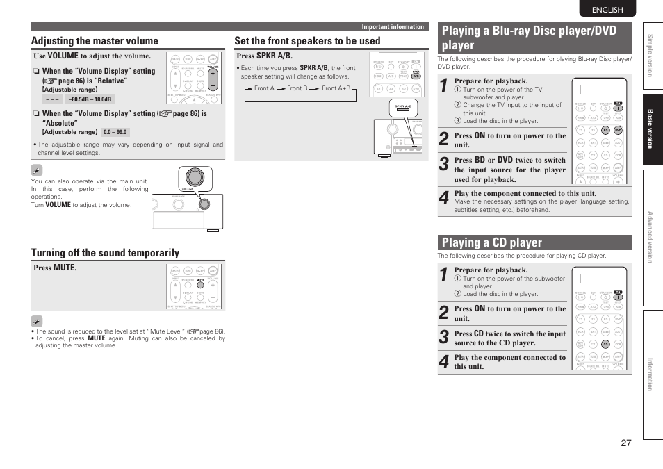 Playing a blu-ray disc player/dvd player, Playing a cd player | Marantz SR7005 User Manual | Page 31 / 128