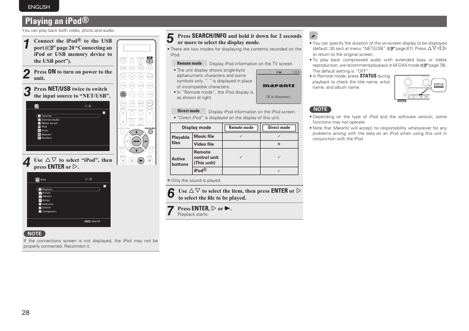 Playing an ipod | Marantz SR7005 User Manual | Page 32 / 128