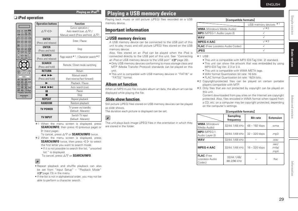 Important information, Album art function, Slide show function | N ipod operation | Marantz SR7005 User Manual | Page 33 / 128