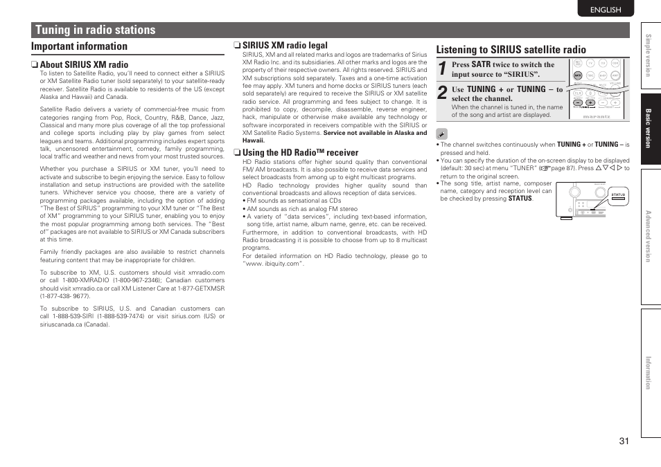 Tuning in radio stations, Important information, Listening to sirius satellite radio | Marantz SR7005 User Manual | Page 35 / 128