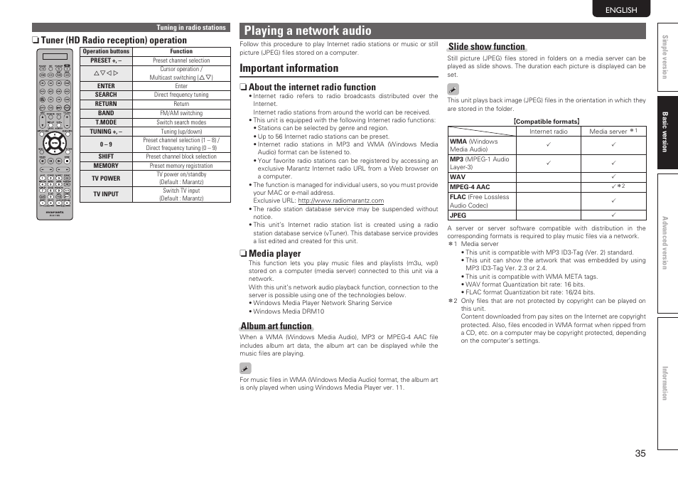 Playing a network audio, Important information | Marantz SR7005 User Manual | Page 39 / 128