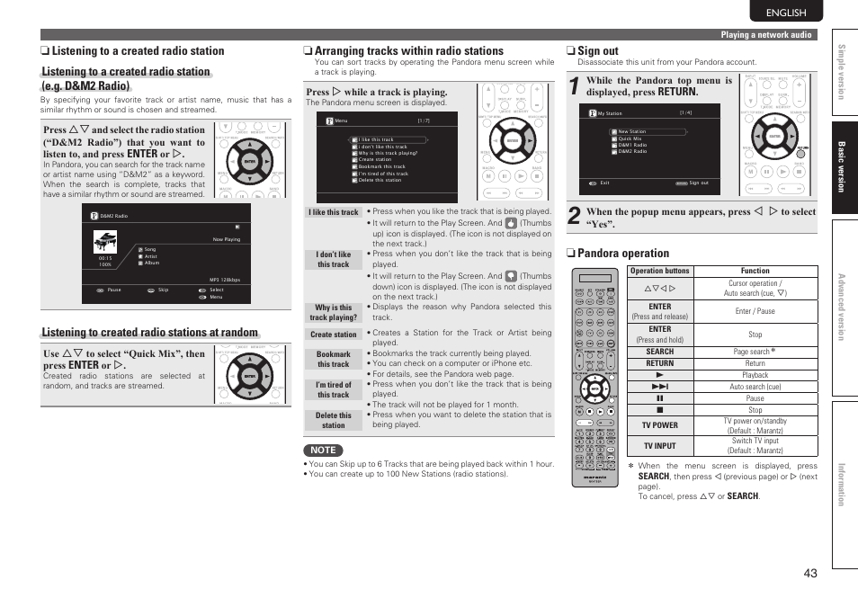 Listening to created radio stations at random, N arranging tracks within radio stations, N sign out | N pandora operation | Marantz SR7005 User Manual | Page 47 / 128