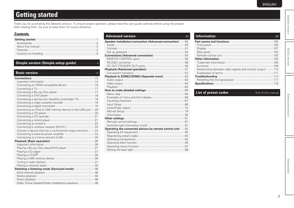 Getting started | Marantz SR7005 User Manual | Page 5 / 128
