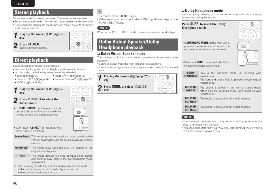 Stereo playback, Direct playback, Dolby virtual speaker/dolby headphone playback | Marantz SR7005 User Manual | Page 52 / 128