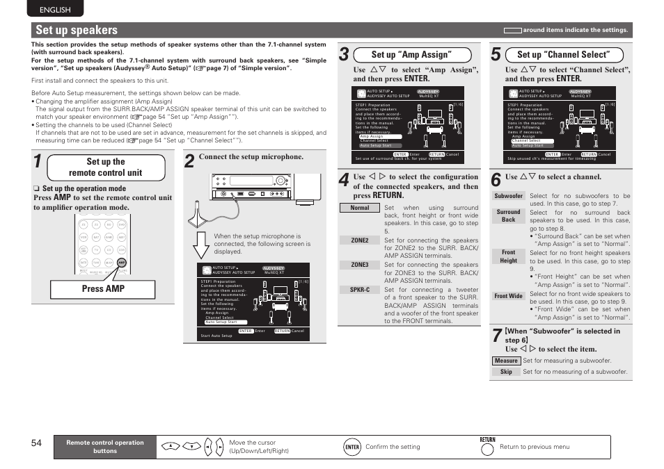 Set up speakers, Set up “amp assign, Set up “channel select | Set up the remote control unit, Press amp | Marantz SR7005 User Manual | Page 58 / 128