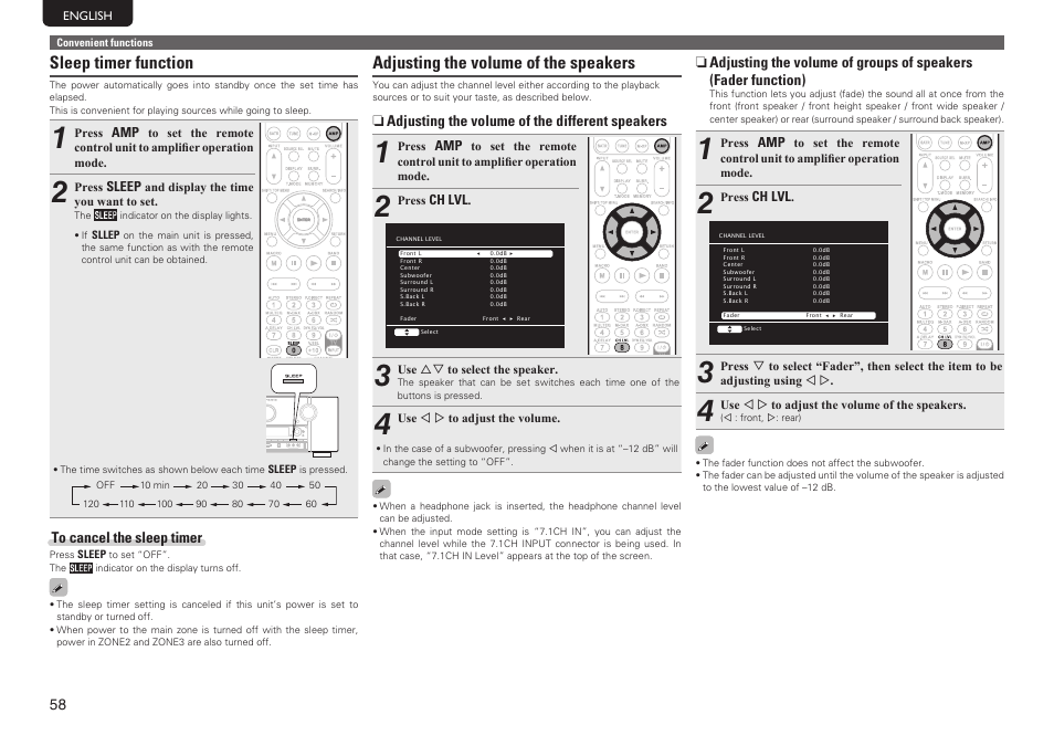 Sleep timer function, Adjusting the volume of the speakers | Marantz SR7005 User Manual | Page 62 / 128