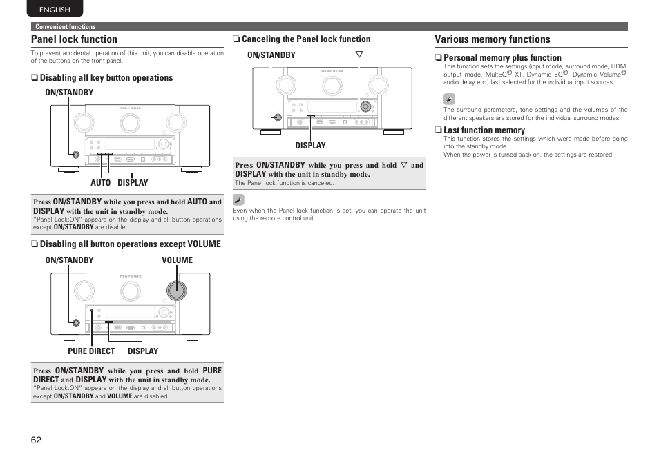 Panel lock function | Marantz SR7005 User Manual | Page 66 / 128