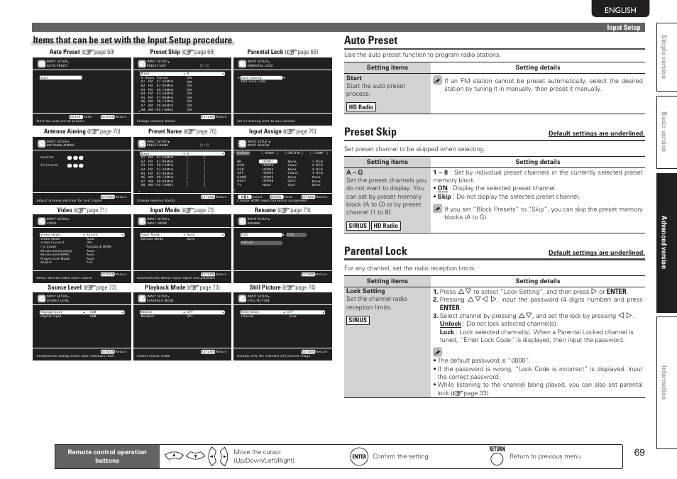 Auto preset, Preset skip, Parental lock | Basic version simple version information, Advanced version, Input setup, Enter | Marantz SR7005 User Manual | Page 73 / 128
