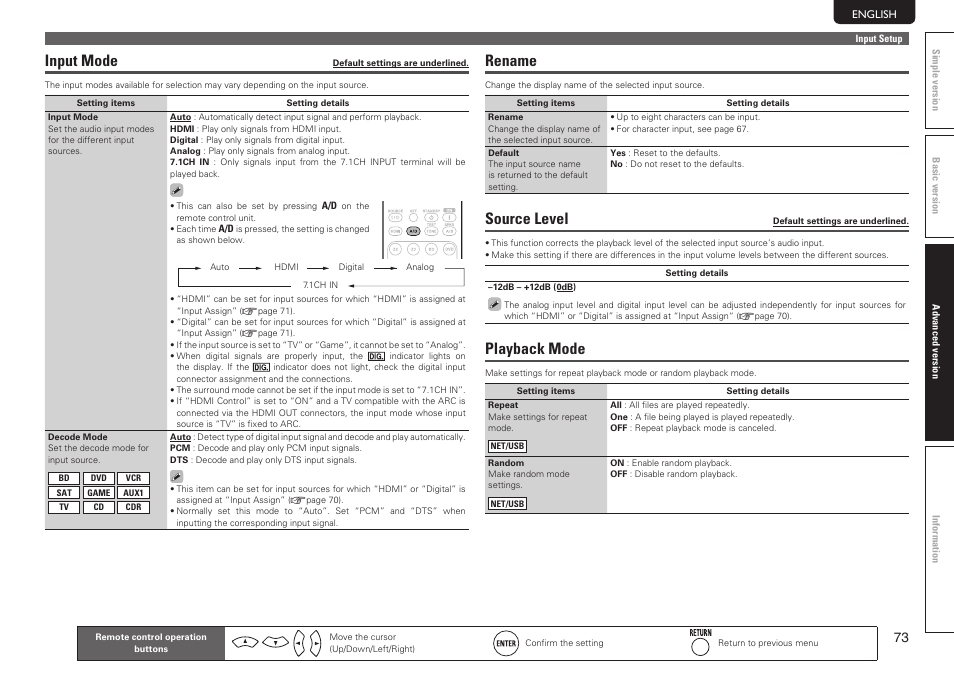 Input mode, Rename, Source level | Playback mode | Marantz SR7005 User Manual | Page 77 / 128