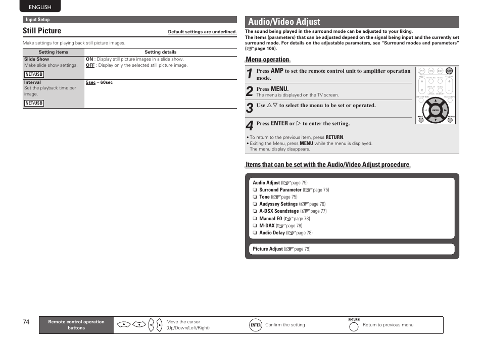 Audio/video adjust, Still picture | Marantz SR7005 User Manual | Page 78 / 128