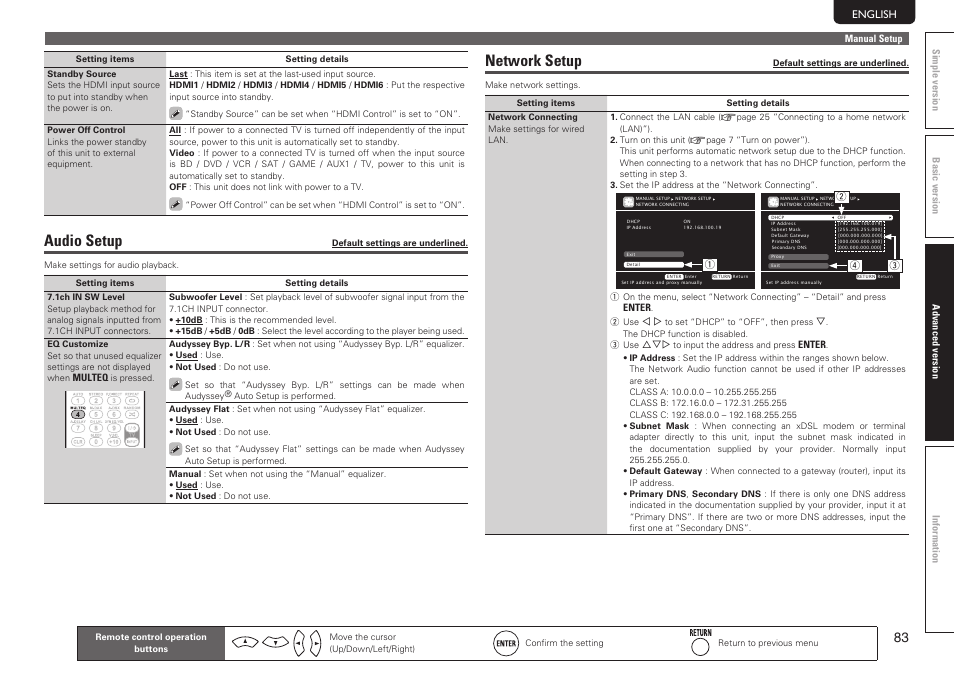 Audio setup, Network setup | Marantz SR7005 User Manual | Page 87 / 128