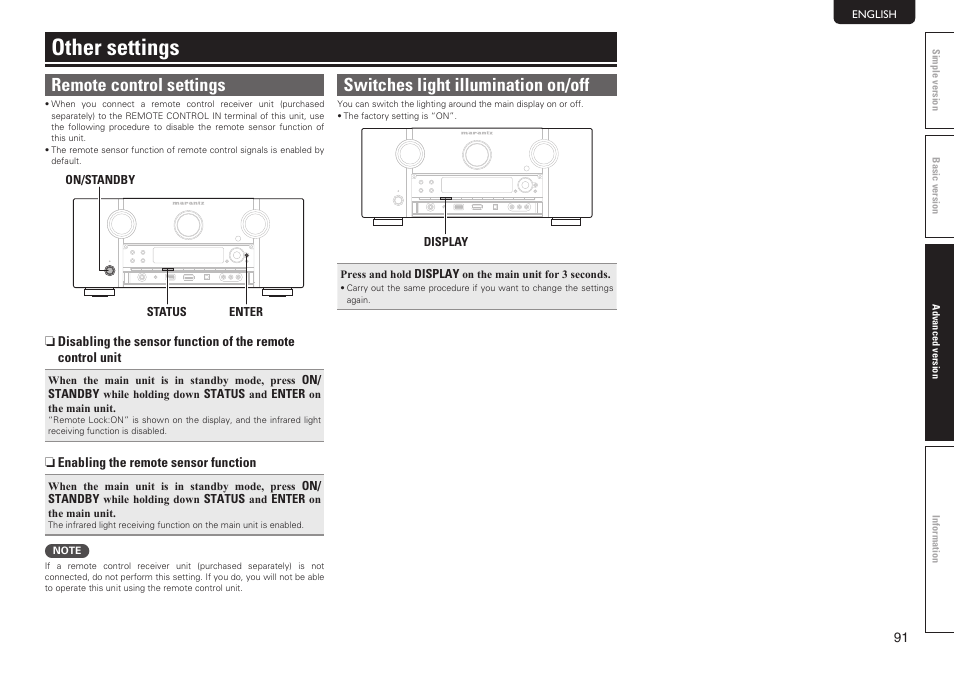 Other settings, Remote control settings, Switches light illumination on/off | Marantz SR7005 User Manual | Page 95 / 128