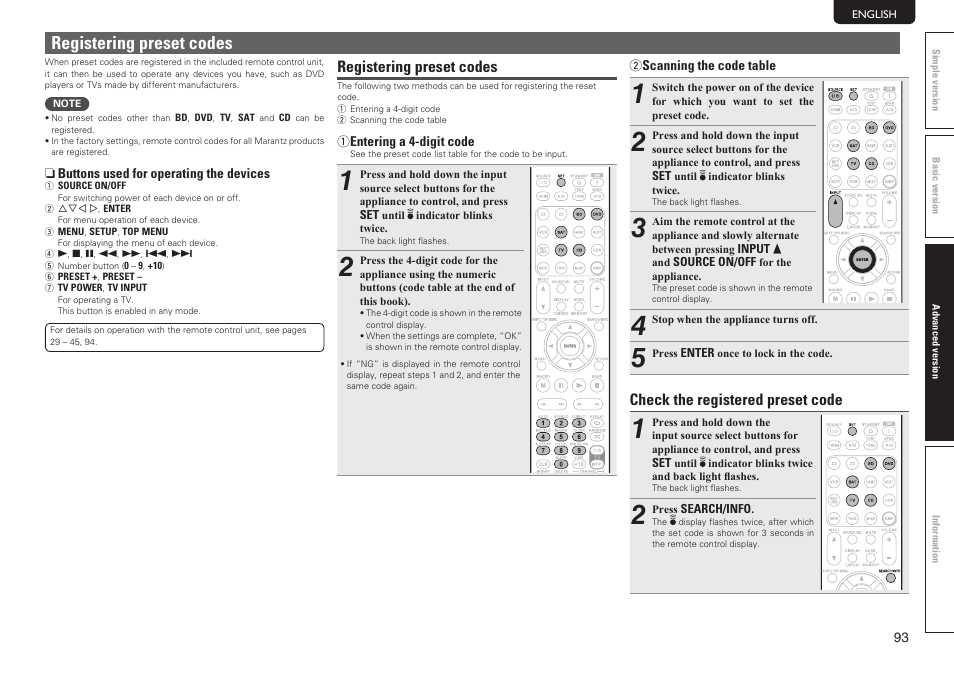 Registering preset codes, Check the registered preset code | Marantz SR7005 User Manual | Page 97 / 128