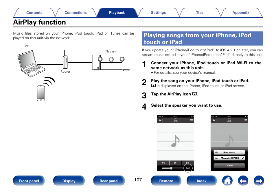 Airplay function, Playing songs from your iphone, ipod touch or ipad | Marantz SR7008 User Manual | Page 107 / 286
