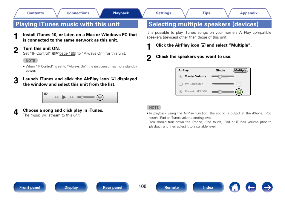 Playing itunes music with this unit, Selecting multiple speakers (devices) | Marantz SR7008 User Manual | Page 108 / 286