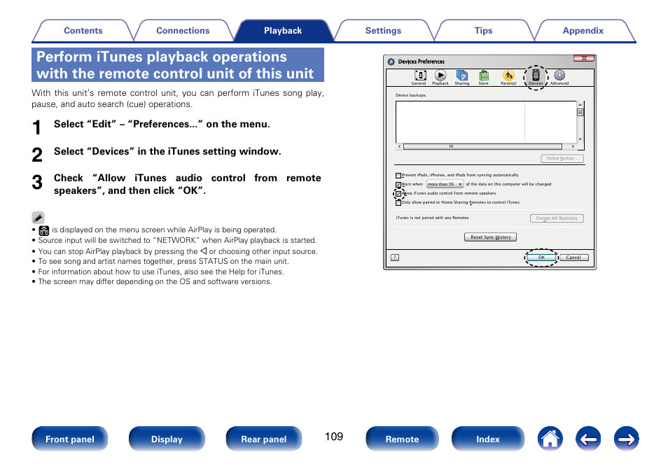 Perform itunes playback operations | Marantz SR7008 User Manual | Page 109 / 286