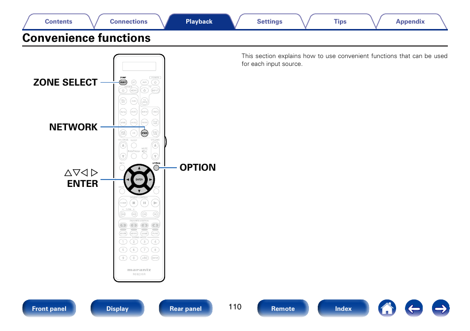 Convenience functions, Option uio p enter network zone select | Marantz SR7008 User Manual | Page 110 / 286