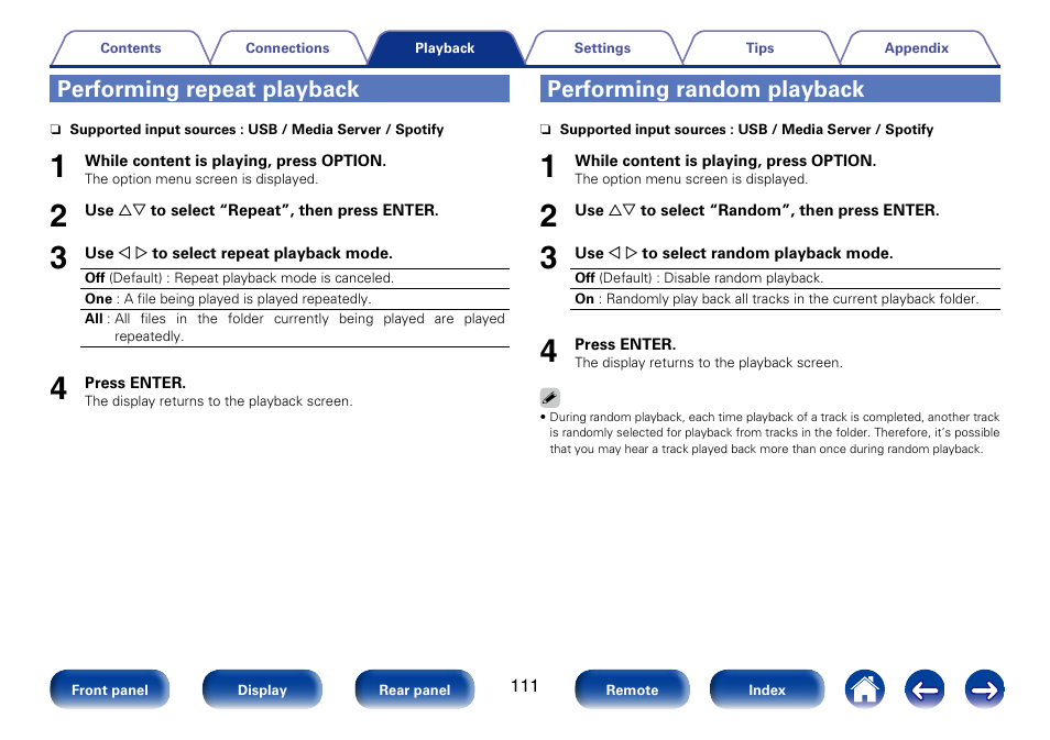 Performing repeat playback, Performing random playback | Marantz SR7008 User Manual | Page 111 / 286
