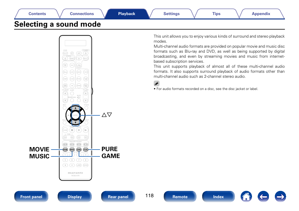 Selecting a sound mode, Game movie music pure ui | Marantz SR7008 User Manual | Page 118 / 286