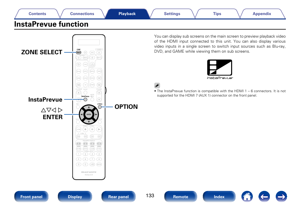 Instaprevue function, Instaprevue zone select option uio p enter | Marantz SR7008 User Manual | Page 133 / 286