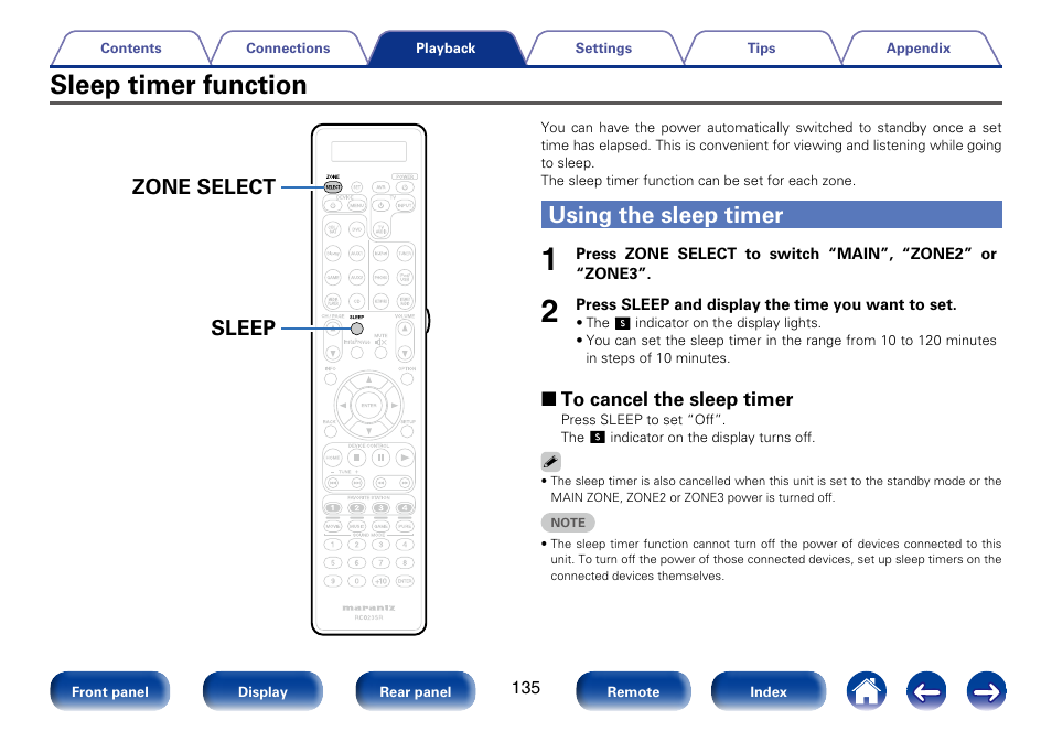 Sleep timer function, Using the sleep timer, Sleep zone select | Marantz SR7008 User Manual | Page 135 / 286