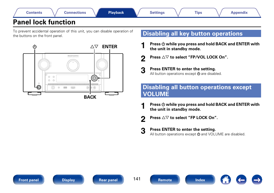 Panel lock function, Disabling all key button operations, Disabling all button operations except volume | Marantz SR7008 User Manual | Page 141 / 286