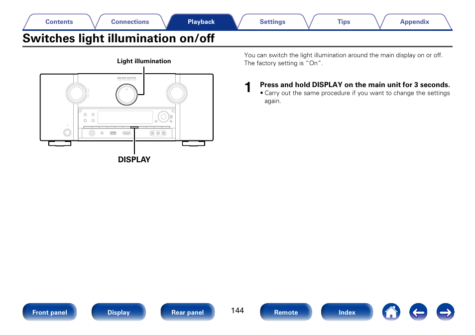 Switches light illumination on/off | Marantz SR7008 User Manual | Page 144 / 286