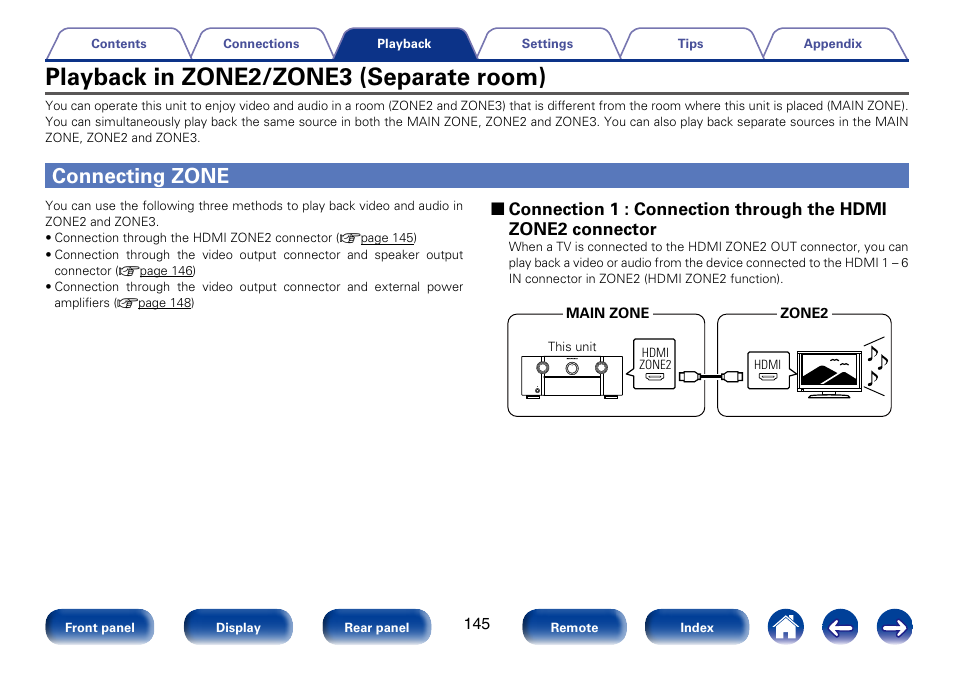 Playback in zone2/zone3 (separate room), Connecting zone | Marantz SR7008 User Manual | Page 145 / 286