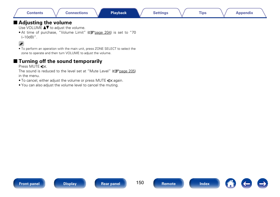 2 adjusting the volume, 2 turning off the sound temporarily | Marantz SR7008 User Manual | Page 150 / 286