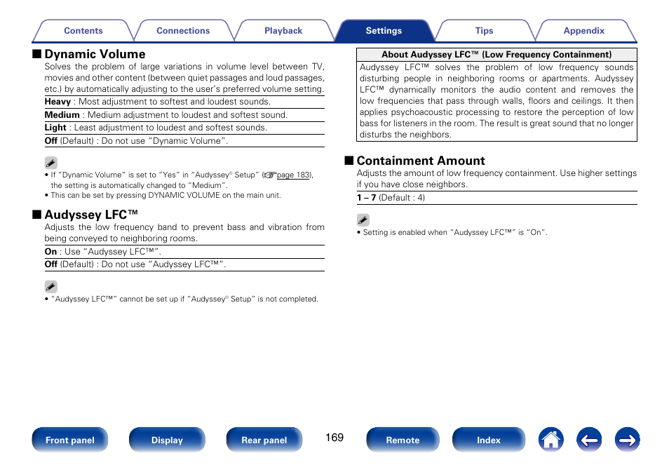 2 dynamic volume, 2 audyssey lfc, 2 containment amount | Marantz SR7008 User Manual | Page 169 / 286