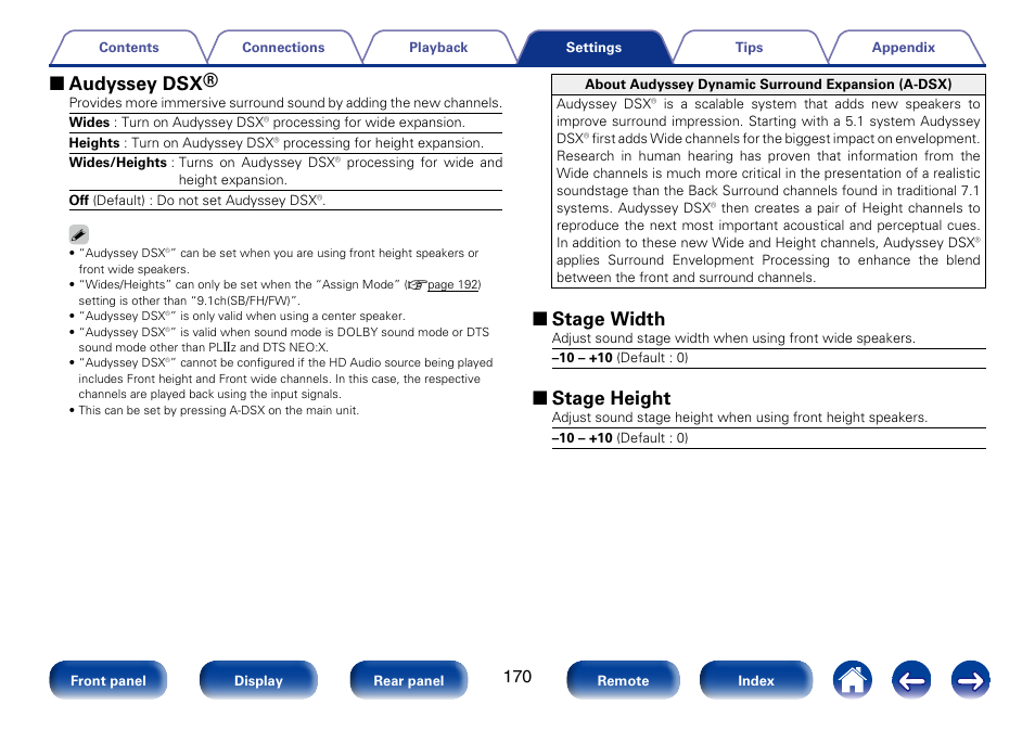 2 audyssey dsx, 2 stage width, 2 stage height | Marantz SR7008 User Manual | Page 170 / 286