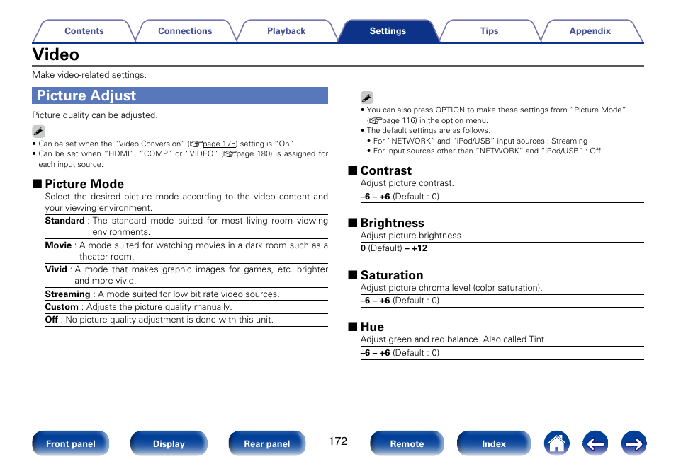 Video, Picture adjust, 2 picture mode | 2 contrast, 2 brightness, 2 saturation, 2 hue | Marantz SR7008 User Manual | Page 172 / 286