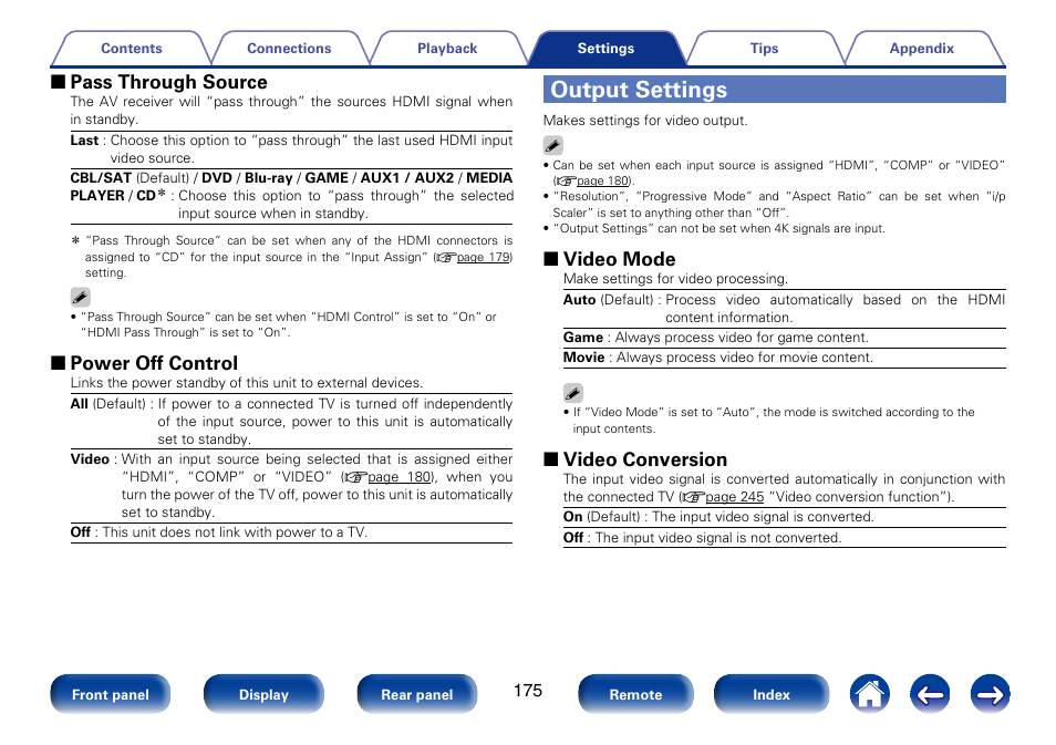 Output settings, 2 pass through source, 2 power off control | 2 video mode, 2 video conversion | Marantz SR7008 User Manual | Page 175 / 286