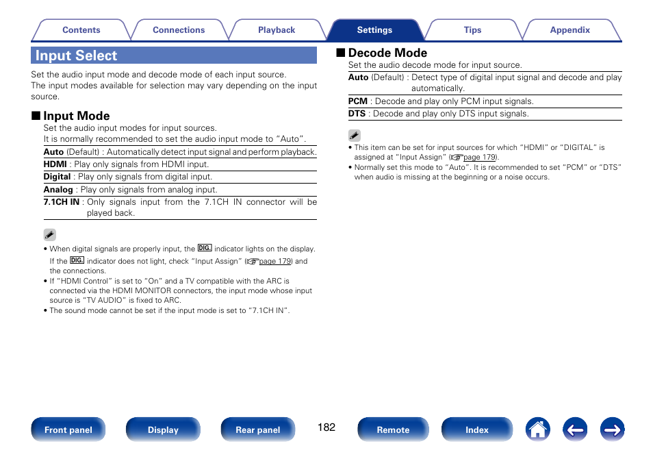Input select, 2 input mode, 2 decode mode | Marantz SR7008 User Manual | Page 182 / 286
