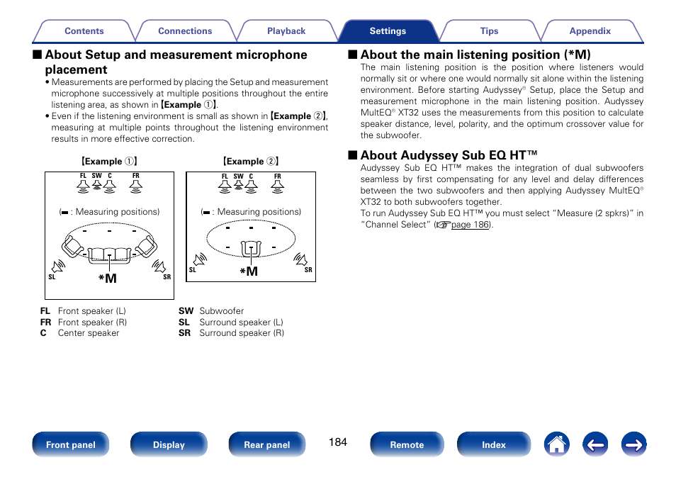 2 about setup and measurement microphone placement, 2 about the main listening position (*m), 2 about audyssey sub eq ht | Marantz SR7008 User Manual | Page 184 / 286