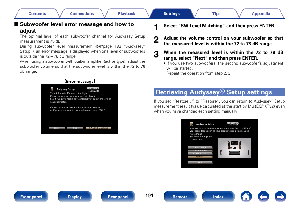 Retrieving audyssey® setup settings, 2 subwoofer level error message and how to adjust | Marantz SR7008 User Manual | Page 191 / 286