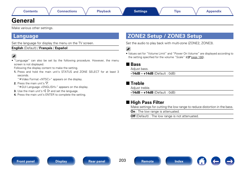General, Language, Zone2 setup / zone3 setup | 2 bass, 2 treble, 2 high pass filter | Marantz SR7008 User Manual | Page 203 / 286