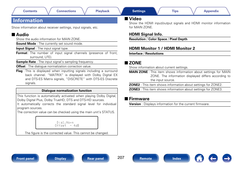 Information, Compression” and “dialogue normalization function, 2 audio | 2 video, 2 zone, 2 firmware | Marantz SR7008 User Manual | Page 207 / 286