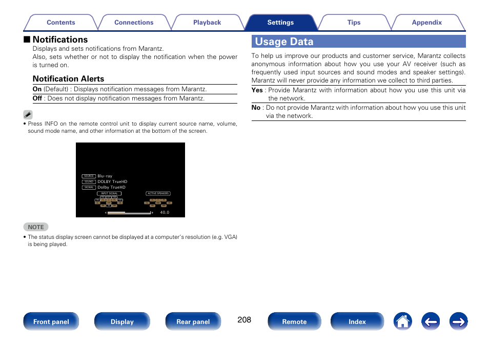 Usage data, 2 notifications, Notification alerts | Marantz SR7008 User Manual | Page 208 / 286